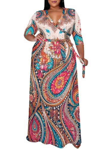 Image of SUZONANA Plus Size Maxi Dresses for Curcy Women Casual Loose 3 /4 Sleeve Long Dress with Belt