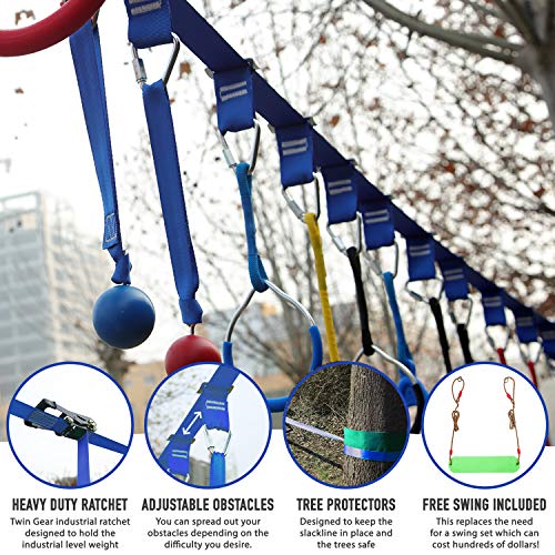 Ninja Warrior Obstacle Course for Kids - 60' Ninja Slackline Kit 13 Obstacles – Ninja Obstacle Course for Kids Backyard – Ninja Warrior Training Equipment for Kids Monkey Bars, Monkey Ladder