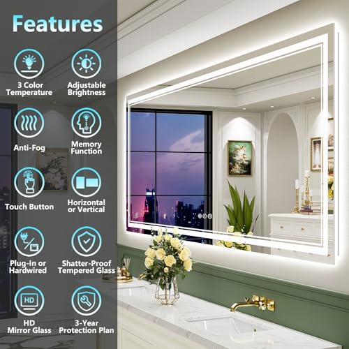 Image of 88x38 LED Bathroom Mirror with Lights, Backlit and Front Lit Anti-Fog Lighted Vanity Mirrors for Bathroom Wall, Dimmable, 3-Color Light, Memory, Shatter-Proof, HD Tempered Glass, CRI>90