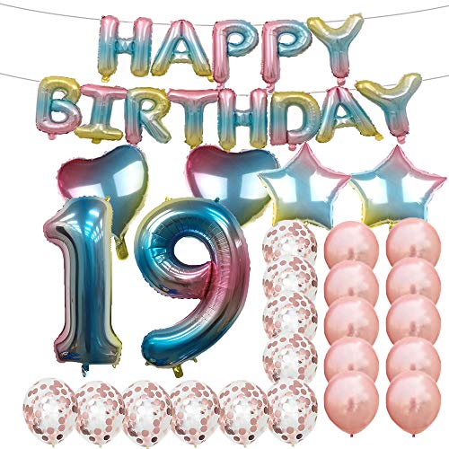 Sweet 19th Birthday Decorations Party Supplies,Rainbow Number 19 Balloons,19th Foil Mylar Balloons Rose