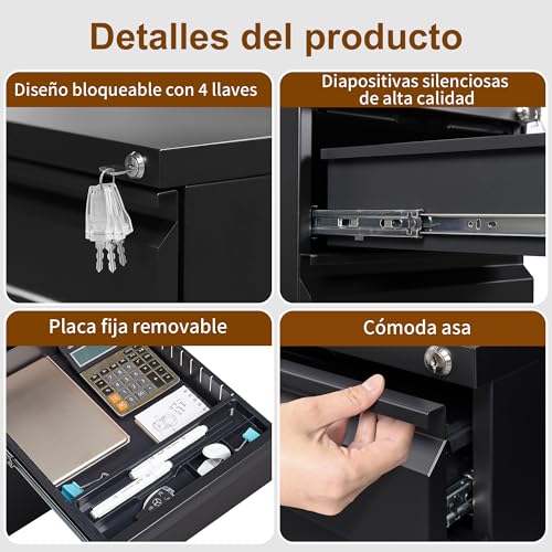 HOMSTEEL Cajonera móvil, Archivador Metálico con Cerradura, 4 Llaves, 4 Cajones, Premontado, para Oficina, Oficina en Casa, Negro - imagen 4