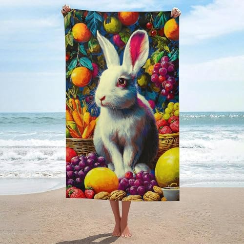 sinyumoney Rabbit Amidst Vibrant Fruit Basket Serviettes De Plage pour Adultes, Gants De Toilette Confortables Et Extra Larges (130 X 80 Cm), Idéales pour La Plage.