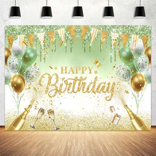 Image of Sage Green Birthday Banner - 71 x 43 Inch Green Glitter Ballon Photography Background Women Girls 18th 20th 21st Birthday Party Banner Decorations Supplies Photo Booth Props