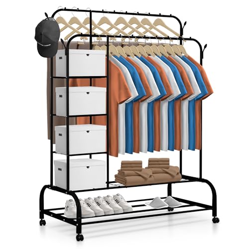 JUPPLIES Portant à Vêtements Robuste avec Roulettes et Freins (110x56x160 cm, MAX 30 kg) – Penderie Métallique avec Double Barre, 4 Étagères Latérales...