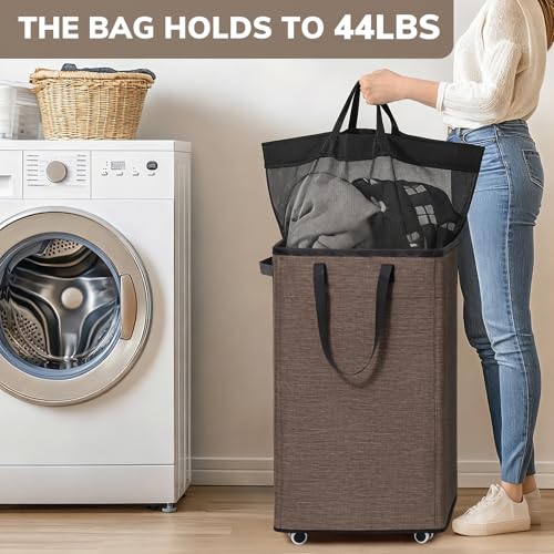 Image of Goodpick Laundry Basket with Wheels, 75L Collapsible Laundry Baskets with Removable Wash Bag, Clothes Laundry Hamper on Wheels, Light Brown