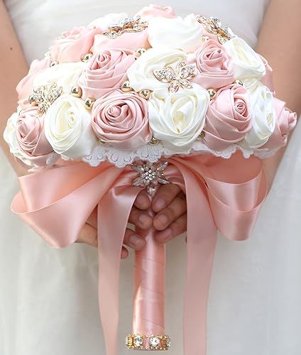 Sharebeauty 8.3" Handmade Satin Rose Bridal Bouquet Toss Round Wedding Bouquet Throw Toss Artificial Flower Bunch Pale Pink + Ivory