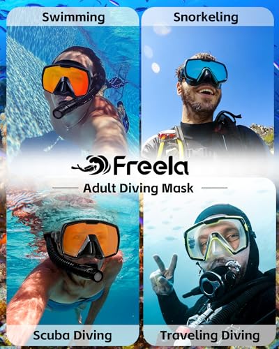 Image of Freela Adult Snorkel Diving Mask with Nose Cover, Tempered Glass Anti Fog Waterproof 180 Panoramic Wide View Scuba Free Diving Goggles for Men Women
