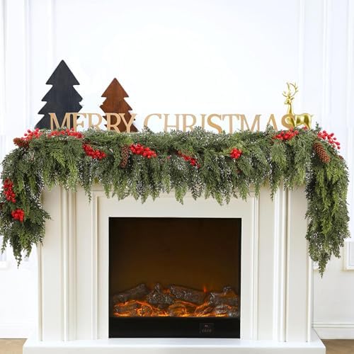 6ft Christmas Cedar Garland with Artificial Red Fruits and Pine Cones, Soft and Thick, Faux Greenery Cedar Garland, Suitable for Home Dining Table, Mantel, Porch Winter Christmas Decoration (6FT)