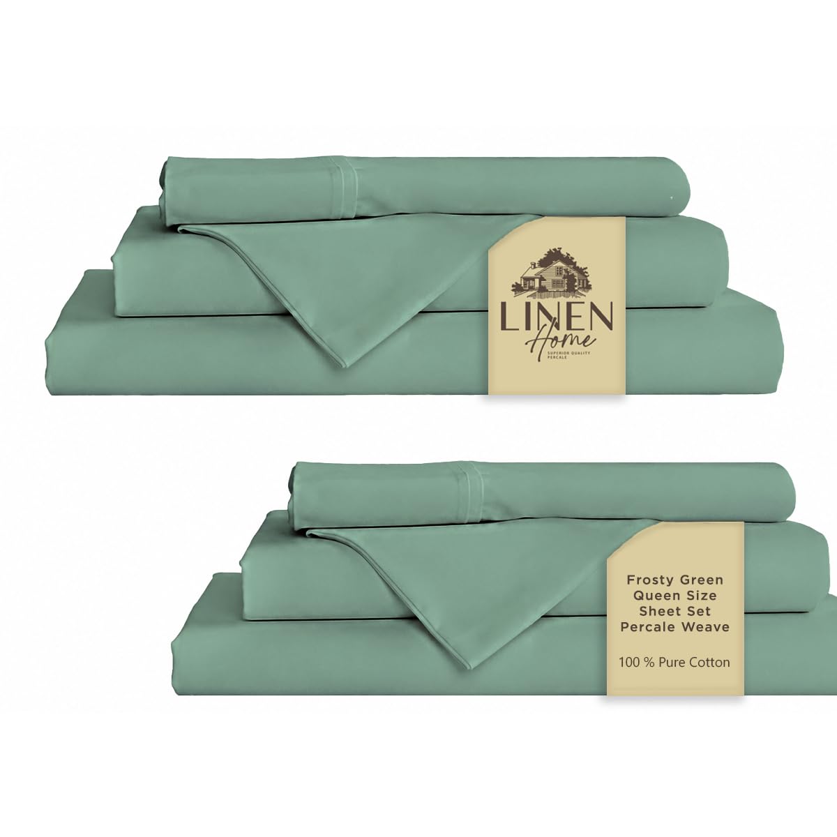 Linen Home 2-Pack Queen Sheet Set, 100% Cotton Percale Bedding, 8-Piece Value Bundle, Deep Pocket Cooling Bed Sheets for Hot Sleepers, Breathable &amp; Crisp Hotel Quality, Long-Staple Cotton Frosty Green