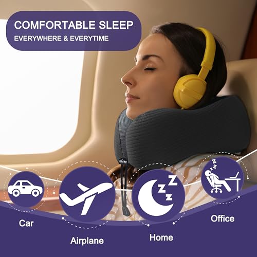 Image of napfun Neck Pillow for Traveling, Upgraded Travel Neck Pillow for Airplane 100% Pure Memory Foam Travel Pillow for Flight Headrest Sleep, Portable Plane Accessories, Charcoal Black