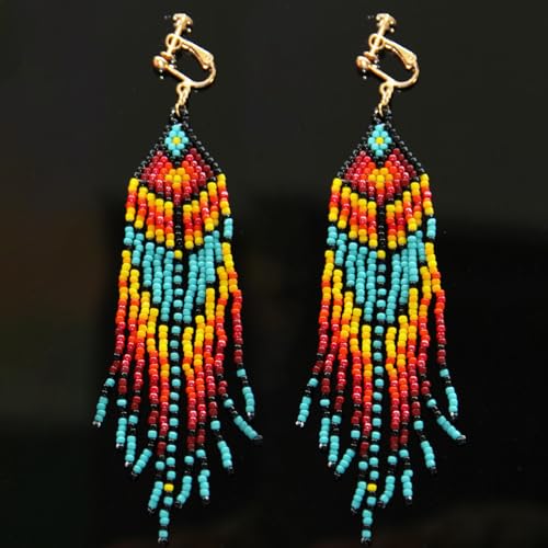 Clip on Dangling Earrings Long Tassel Beaded Boho Stripe Bohemian Earrings No Pierced Seed Bead Tribal Drop Jewelry for Women Party Yellow Blue pink Green Black3