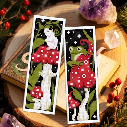 Image of ACRNIGHEET 6PCS Cross Stitch Bookmark Kit for Beginner Stamped Cross Stitch Kits for Adults Mushroom DIY Embroidery Bookmark Kits Needlepoint Kit with Instructions Hand Craft Gift 8.5''x3'' 11CT