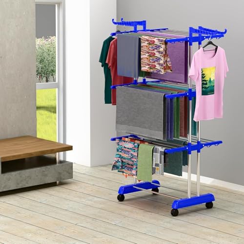 Image of TEKCOOL Foldable Cloth Drying Stand Stainless Steel - 3 Tier Heavy-Duty Clothes Dryer for Balcony, Indoor & Outdoor Use | with Wheels & Hanger Slots | Rust-Proof Laundry Rack (Blue, 3 TIRE):