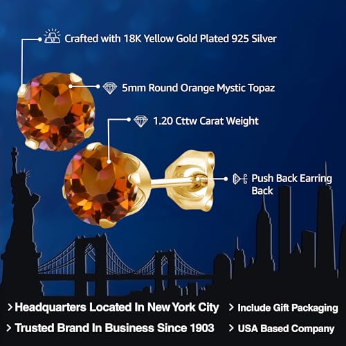 Gem Stone King 18K Yellow Gold Plated Silver Orange Mystic Topaz Stud Earrings For Women Men | 1.20 Cttw | Gemstone Birthstone | Round 5MM2