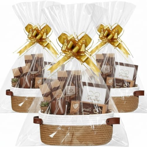 Image of Colingmill 3 Pack Easter Small Woven Basket for Gifts with Handles Clear Bags and Ribbons Empty Storage Basket Decorative Chest Box for Easter Wedding Present(White and Dark Brown,12 inchx 8 inchx 5 inch)