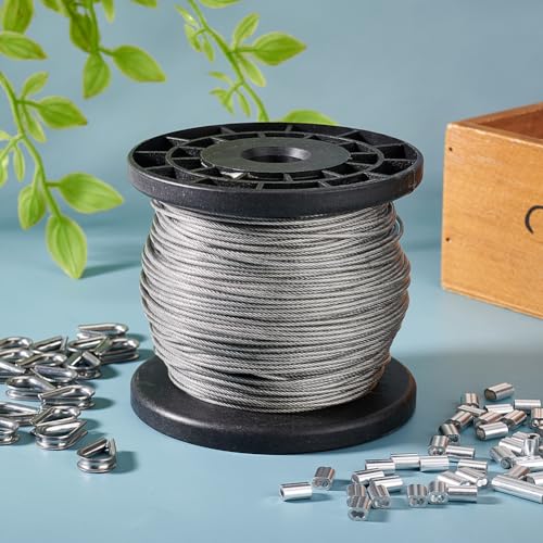 AHANDMAKER 304 Stainless Steel Wire Cable, 328 Ft Length 1/16 Wire Rope with 50 Pcs Rectangle Aluminum Crimping Sleeves for Party Decro String, Clothesline