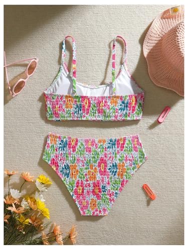 MakeMeChic Girl's Floral Bikini Set Scoop Neck High Waist Smocked Bathing Suit 2 Piece Swimsuits2