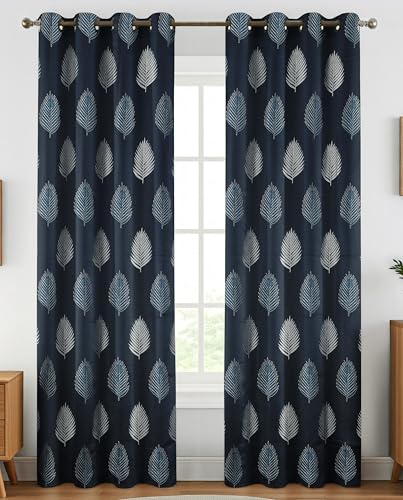 Image of FRESH FROM LOOM Stylish 9ft Jacquard Curtains | Modern Finish | Blocks 80% Light | Long Door & Window Ready | Anti-Wrinkle, Luxury Curtain (9ft, Navy-Blue, 2pc Set)