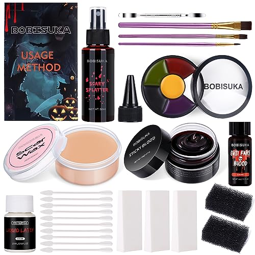 BOBISUKA Conjunto de maquilhagem de Halloween: 3 sangue falso 1 látex líquido 1 pintura facial 1 cera para cicatrizes falsas 5 esponjas 10 palitos de algodão 3 pincéis 1 espátula de maquilhagem manual