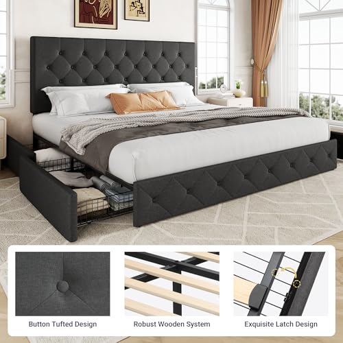 image for Allewie Upholstered King Size Platform Bed Frame with 4 Storage Drawer