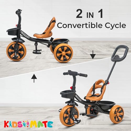 Image of Kidsmate Junior Tricycle for Kids with Parental Control | Cycle for Kids 1-4 Years | Baby Cycle | Bicycle with Storage Basket, Cushion Seat and Seat Belt Carrying Capacity 30 Kgs (Caramel-Black)