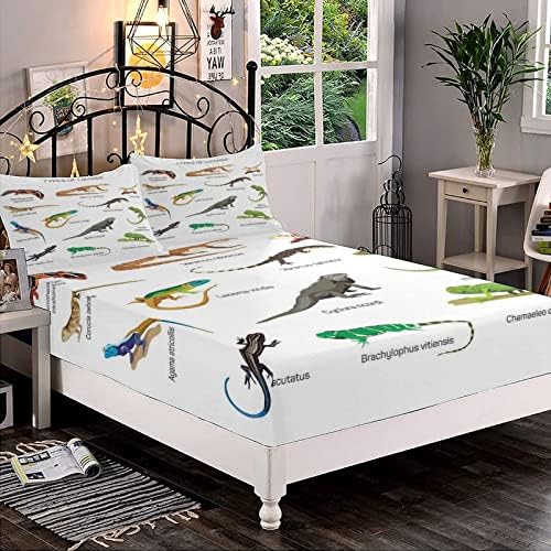 Decorative Bedding Sheet Set Cal-King Size, Reptiles Deep Pockets Fitted Sheet & 2 Pillow Sham Set, Lizard Family Design Primitive Camouflage Print Microfiber 3pc Bed Sheets Set