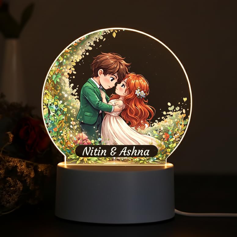 Image of SNAPTRAP Personalized Warm White LED Acrylic Night Lamp with Custom Names | Romantic Couple Gift for Anniversary, Wedding, Valentine's Day, Girlfriend, Boyfriend | 3D Illustration Table Lamp