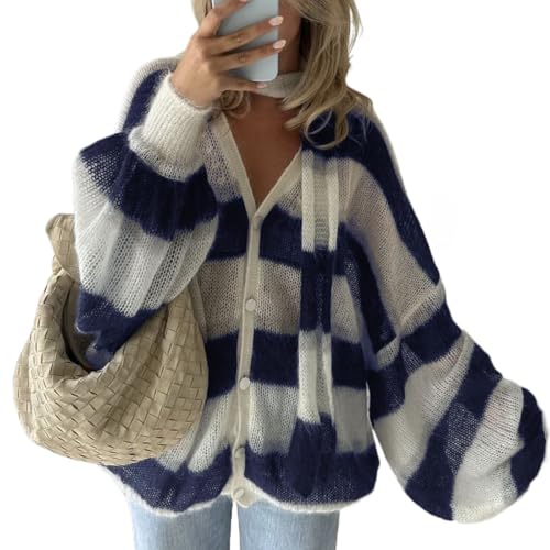 Button Up Cardigan Oversized Cardigans for Women Bell Sleeve Top with Scarf Striped Cardigan Knit Cardigan