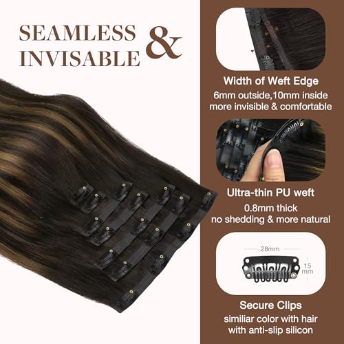 Image of GOO GOO Clip in Hair Extensions Real Human Hair, Remy Human Hair Extensions Clip ins for Women, Natural Human Hair, 14inch 130g 9Pcs, 2 /6 /2 Balayage Dark Brown to Chestnut Brown