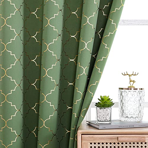Enactex 100% Full Blackout Curtains Thermal Insulated Drapes 95 Inch Long for Bedroom, Green Drapery with Gold Geometric Pattern Room Darkening Grommet Window Curtain for Living Room, 2 Panels