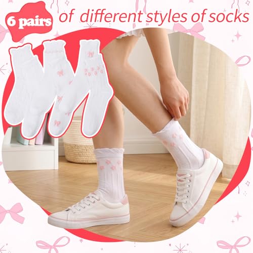 Image of Jspupifip 6 Pairs Lace Ruffle Frilly Crew Socks for Women Girls | Cotton Breathable Cute Princess Ankle Dress Lace Socks Thin Cool Casual Socks