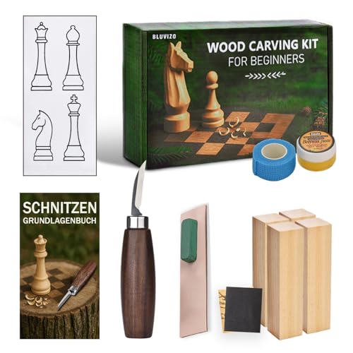 Schnitzwerkzeug Holz Schnitzset für Anfänger: Schnitzmesser Set 13-teiliges zum Schnitzen, Schnitz-Projekte Carving Kit mit Anleitung, Mustervorlagen, Selbsthaftend Bandage und Lindenholz für Geschenk