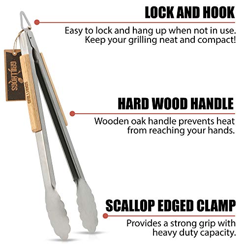 GRILLHOGS Barbecue Grill Tongs, 16 Inch 2 Pack, Best Metal Kitchen Tongs for Cooking and Grill Accessories, Stainless Steel + Oak Wood BBQ Tongs