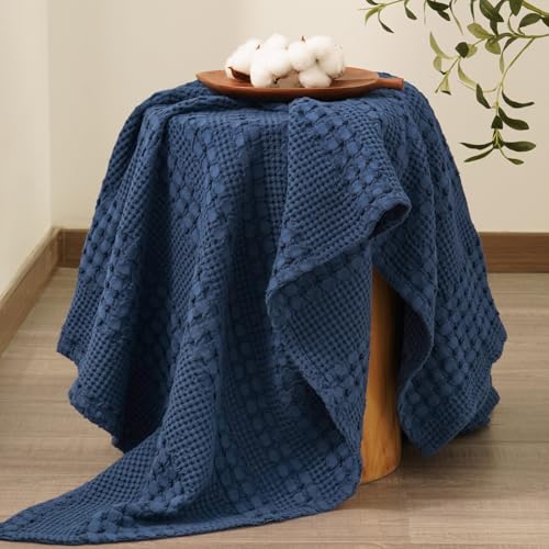 Image of PHF 100% Cotton Waffle Throw Blanket for Couch, Lightweight Breathable and Soft for Summer, Luxury Aesthetic Waffle Weave Blanket for Home Decor & Office, Gifts for Women, 50 inchx60 inch, Bright Navy