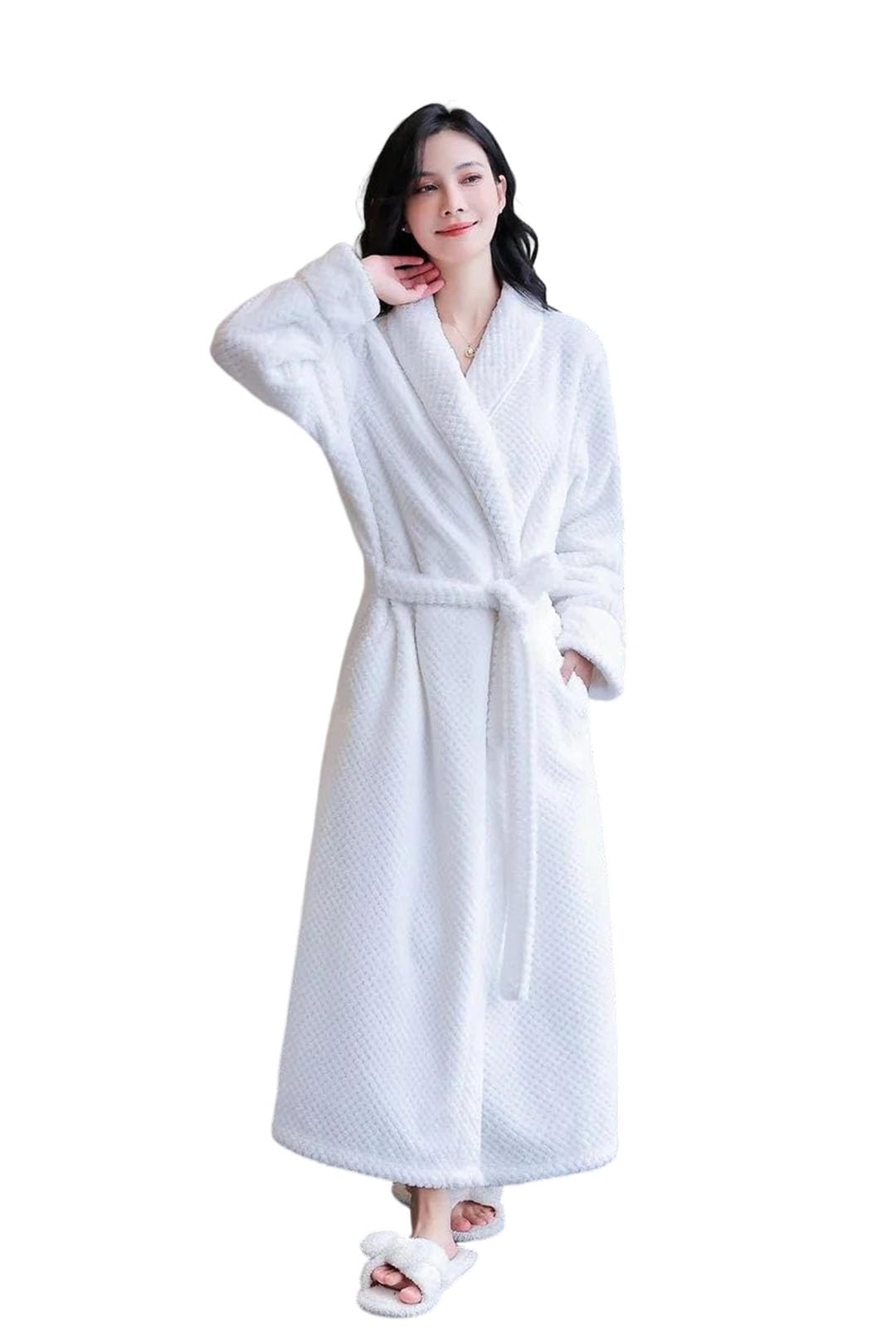 Men Women Thick Flannel Couple Pajamas Nightgown Bath Robe Kimono Bathrobe Fleece Sleepwear Warm Robes Belts White-Women-XL White-Women-XL