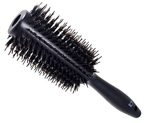 Double Bristle Wooden Round Brush by Better Beauty Products, 1.3 inch/33mm, Styling Hairbrush with Natural Soft Boar and Nylon Bristles, Professional Salon Brush, Black Wood Finish