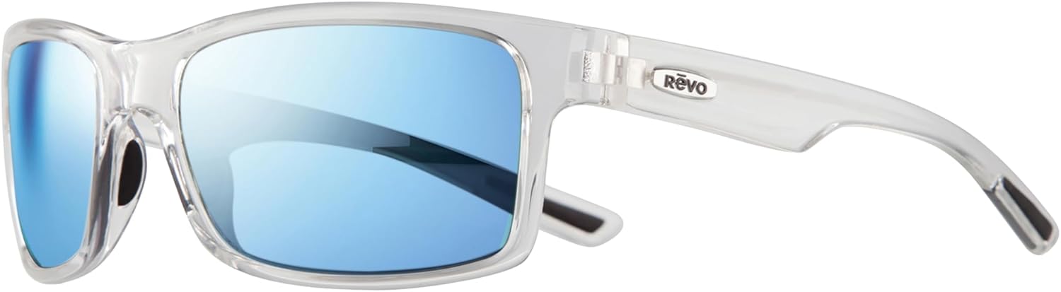 Revo Sunglasses Crawler: Polarized Lens with Performance Rectangle Wrap Frame Clear Crystal Frame With Blue Water Lens