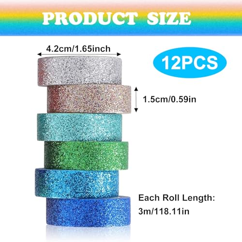 Glitzer Washi Tape Set – 12 Bunte Glitzernde Bänder für Basteln, Scrapbooking und Dekoration, 3m x 15mm, Wiederverwendbar, Kein Kleberückstand, Perfekt für DIY-Projekte