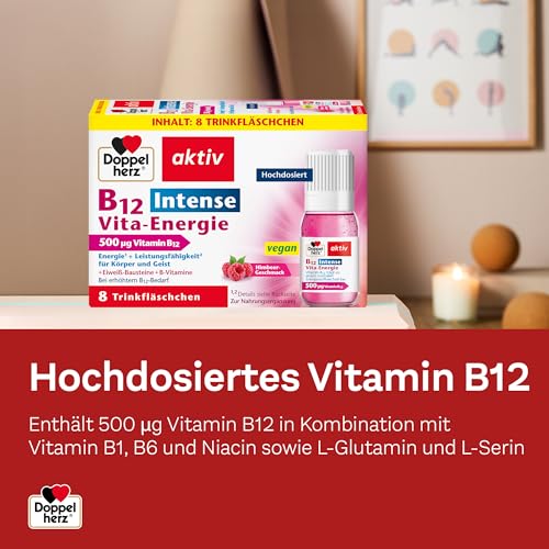 Doppelherz B12 Intense Vita-Energie - hochdosiert mit 500 µg Vitamin B12 pro Trinkfläschchen - 8 Ampullen - vegan
