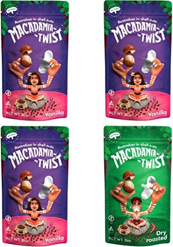 Final Sale - Macadamia Twist Premium Australian Macadamia Nuts in Shell with Metal Key to Open Shells, Combo 3pc Vanilla + 1pc Dry Roasted Flavored