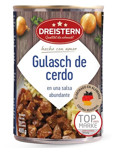 DREISTERN Goulash de cerdo 400 g I Con salsa picante I Guiso sabroso en lata reciclable I Larga duración gracias a la conservación natural I Calidad casera