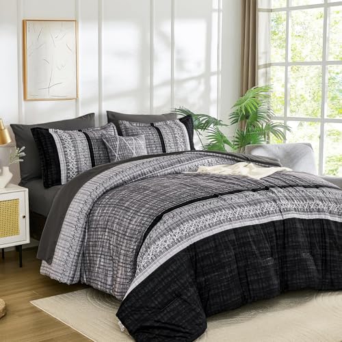 Image of Dintszyayue Black Comforter Set Queen Size, 8 Pieces Boho Striped Bed in a Bag Soft Microfiber Bedding Set for All Season