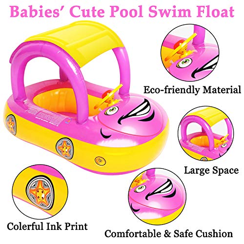 Igeekid Baby Inflatable Pool Float With Canopy, Car Shaped Babies Swim Float Boat With Sunshade Safty Seat For Toddler Infant Swim Ring Pool Spring Floaties Summer Beach Outdoor Play (Pink) #TOP4