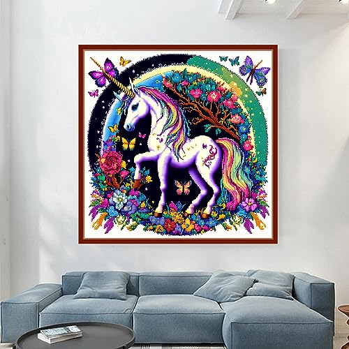 Image of Dimensean Stamped Cross Stitch Kits Full Range of Embroidery Patterns Starter Kits for Beginners Adult DIY Cross Stitches Needlepoint Kits 11CT-Unicorn Flowers 17.7x17.7 inch