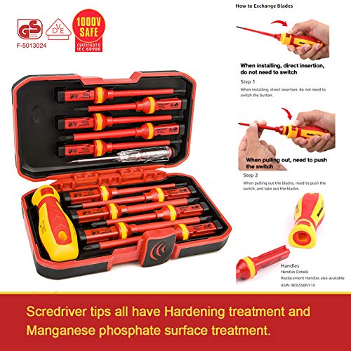 Eacker 1000V Insulated Screwdriver Set with Life-time Warranty Included,All-in-One Premium Professional 13-Pieces CR-V Magnetic Phillips Slotted Pozidriv Torx Screwdriver
