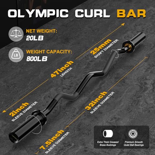 Olympic EZ Curl Barbell Bar 47\", Mute Bearings - 2\" Curl Bar for Weight Lifting, Hip Thrusts,Biceps,Squat-Home Gym Weight Bar-Chrome Curling Strength Training, 2Pcs Collars(800lbs Weight Capacity) (Black)