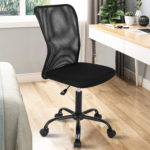 BestShop Home Office Chair Computer Mid Back Mesh Chair, Desk Height Adjustable Small Modern Task No Armrest Rolling Swivel Student with Wheels,Black Cover