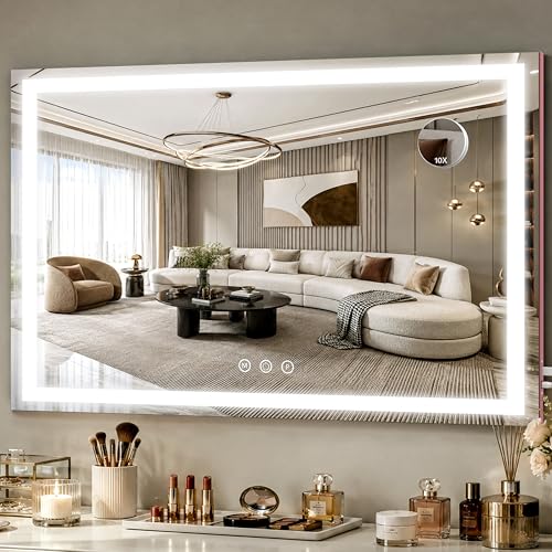 Image of FENNIO Large Vanity Mirror with Lights,40 inch x 28 inchMakeup Mirror with Lights,Hollywood Mirror with 3 Color Modes & Adjustable Brightness,Vanity Mirror Square Pink