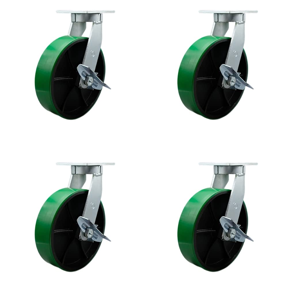 10 Inch Swivel Top Plate Caster Set Extra Heavy Duty Casters with Green Polyurethane on Cast Iron Wheels-Includes 4 Swivel with Top Lock Brakes and Bolt on Swivel Locks-Set of 4 - Service Caster Brand