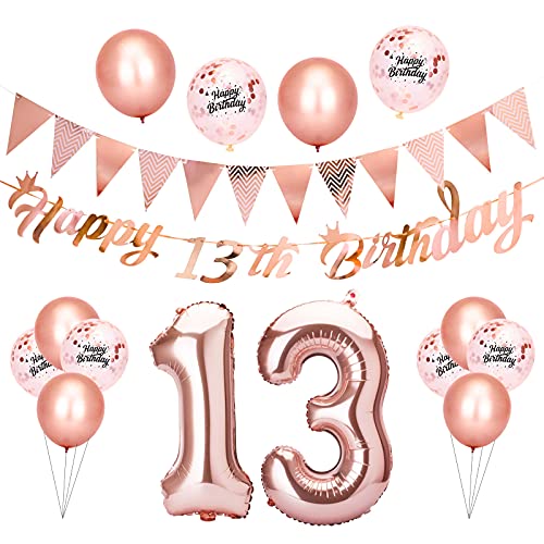 Beainfir 13th Birthday Decorations Set Include Rose Gold Happy 13th Birthday Banner Triangle Flag Banner Confetti Latex Balloons and Foil Balloons for Party Decoration Supplies for Girls and Boys